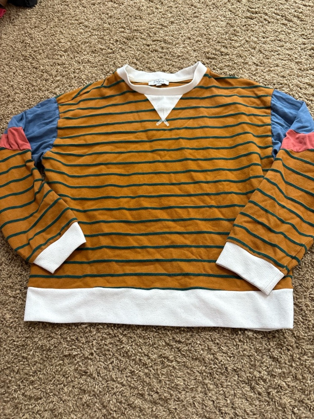 Women’s Striped Mustard Crewneck Sweater with Contrast Sleeves